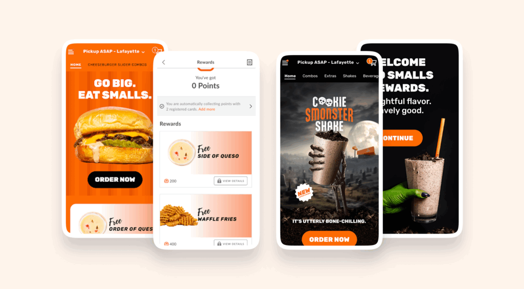 Four mobile screens showcasing a food ordering app with rewards like free queso and waffle fries, and seasonal promotions such as the Cookie Smonster Shake.